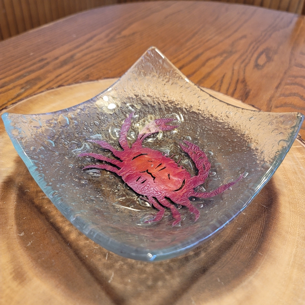 Copper Inset Crab Fused Art Glass Bowl
